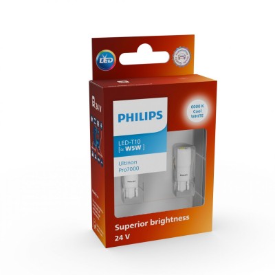 Комплект світлодіодних ламп PHILIPS 24961CU70X2 W5W (T10) LED Ultinon Pro7000 W2.1X9.5d WHITE 6000K 24V
