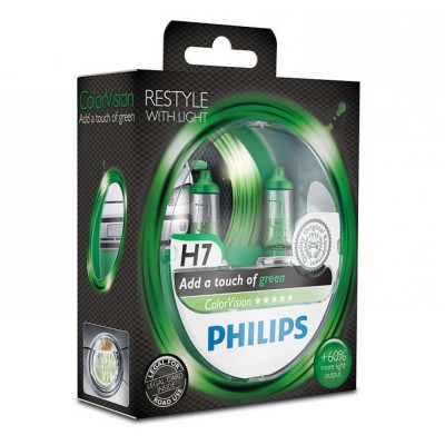 Лампа галогенная Philips H7 ColorVision Green, 3350K, 2шт/блистер 12972CVPGS2