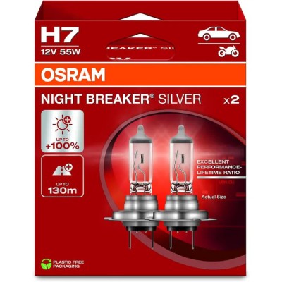 Комплект галогенових ламп Osram 64210NBS-2HB Night Breaker Silver +100% H7 55W 12V PX26d 2шт/комп
