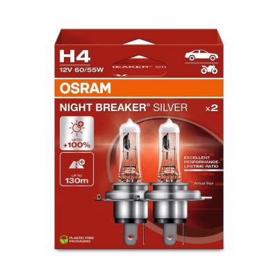 Комплект галогенових ламп OSRAM 64193NBS-2HB H4 Night Breaker Silver +100% 60/55W 12V P43t (2 шт)