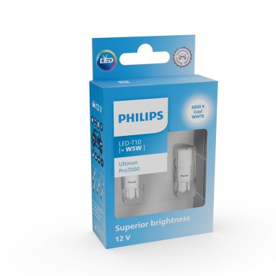 Комплект світлодіодних ламп PHILIPS 11961CU70X2 W5W (T10) LED Ultinon Pro7000 W2.1X9.5d WHITE 6000K 12V