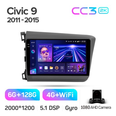 Штатна магнітола Teyes CC3 6+128 Gb Honda Civic 9 FB FK FD 2011-2015 9" 2k