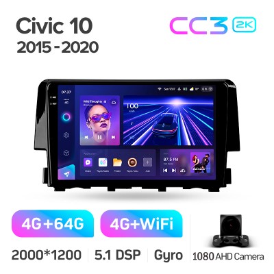Штатна магнітола Teyes CC3 4+64 Gb Honda Civic 10 FC FK 2015-2020 9" 2k