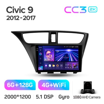Штатна магнітола Teyes CC3 6+128 Gb Honda Civic 9 FK FB 2012-2017 9" 2k