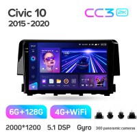 Штатна магнітола Teyes CC3 6+128 Gb з коловим оглядом 360° Honda Civic 10 FC FK 2015-2020 9" 2k