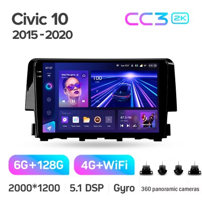Штатна магнітола Teyes CC3 6+128 Gb з коловим оглядом 360° Honda Civic 10 FC FK 2015-2020 9" 2k