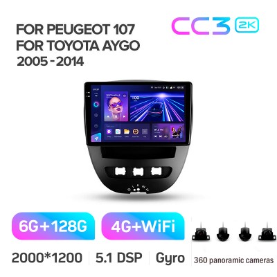 Штатна магнітола Teyes CC3 6+128 Gb з коловим оглядом 360° Peugeot 107 Toyota Aygo 2005-2014 10" 2k