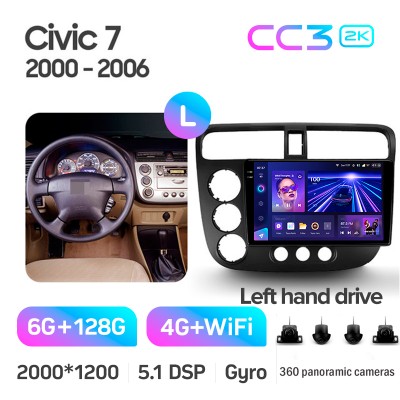 Штатна магнітола Teyes CC3 6+128 Gb з коловим оглядом 360° Honda Civic 7 2000-2006 9" 2k