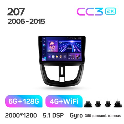 Штатна магнітола Teyes CC3 6+128 Gb з коловим оглядом 360° Peugeot 207 2006-2015 9" 2k