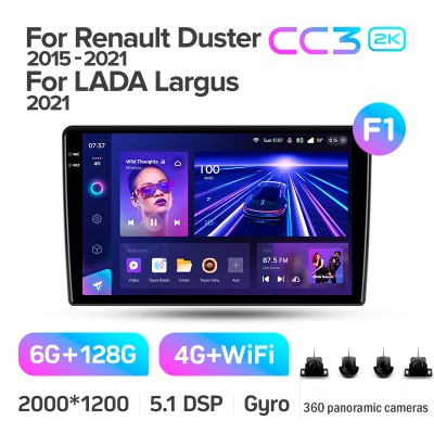 Штатна магнітола Teyes CC3 6+128 Gb з коловим оглядом 360° Renault Duster (F1) 2015-2021 / LADA Largus I 1 2021 9" 2k (L1)
