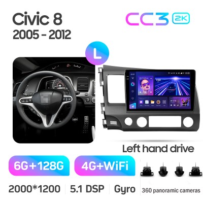 Штатна магнітола Teyes CC3 6+128 Gb з коловим оглядом 360° Honda Civic 8 FK FN FD 2005-2012 10" 2k