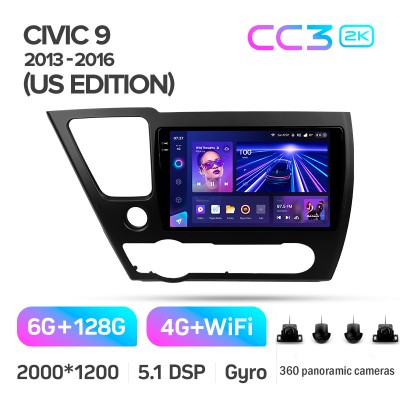 Штатна магнітола Teyes CC3 6+128 Gb з коловим оглядом 360° Honda Civic 9 Middle East 2013-2016 9" 2k (L1)